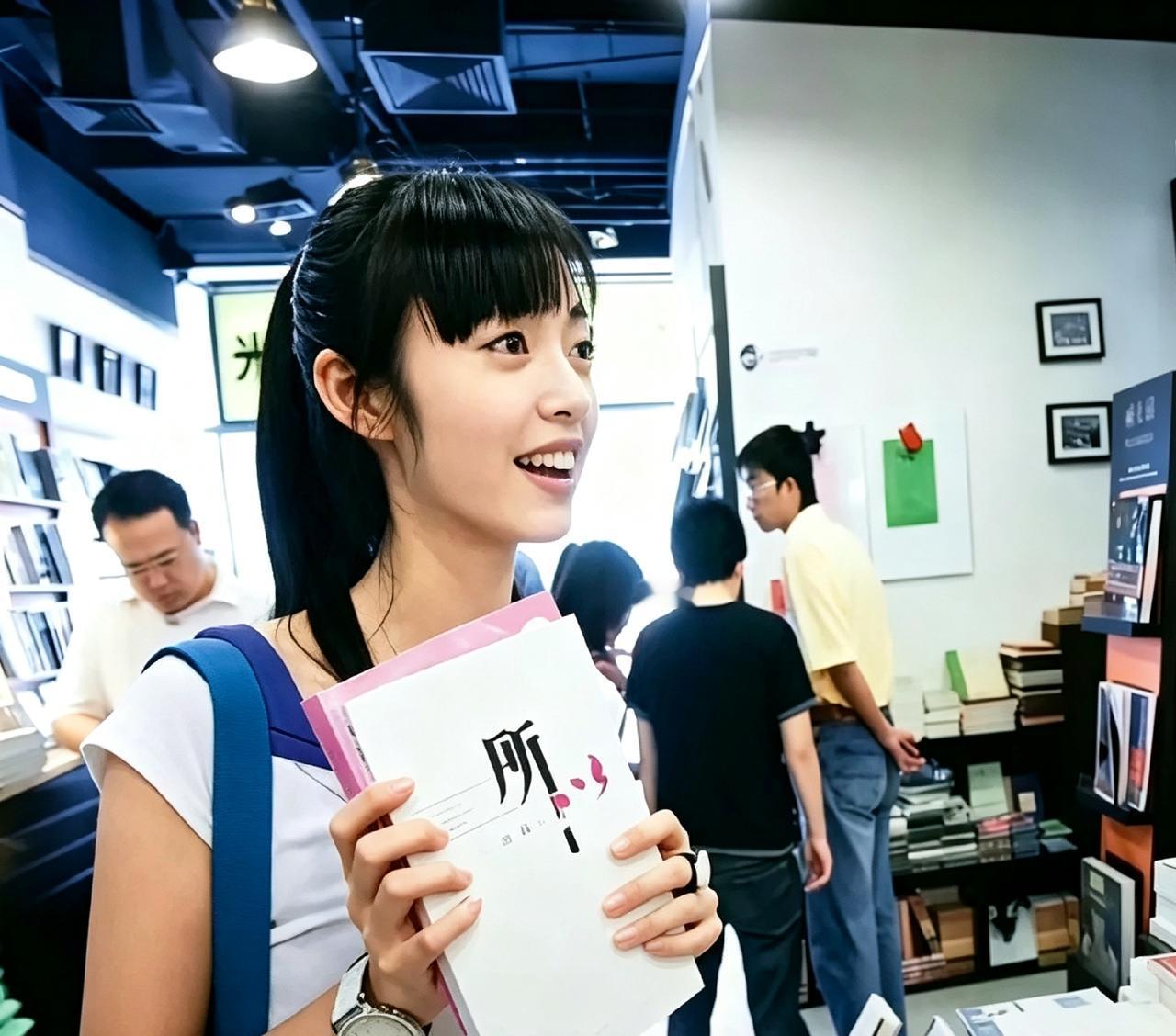 翻到姚晨大学时的旧照，真挺感慨的。齐刘海、白T恤，背着书包在书店挑书。没滤镜没精