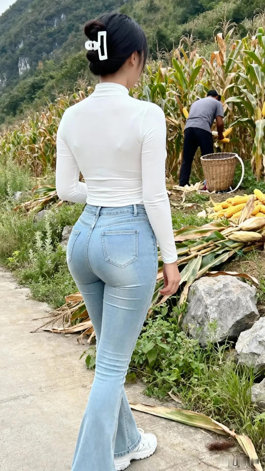 《田垄金苞》晴畴沃野覆秋光，金穗垂垂映素裳。发绾云螺簪玉珮，腰萦蓝练束风长。