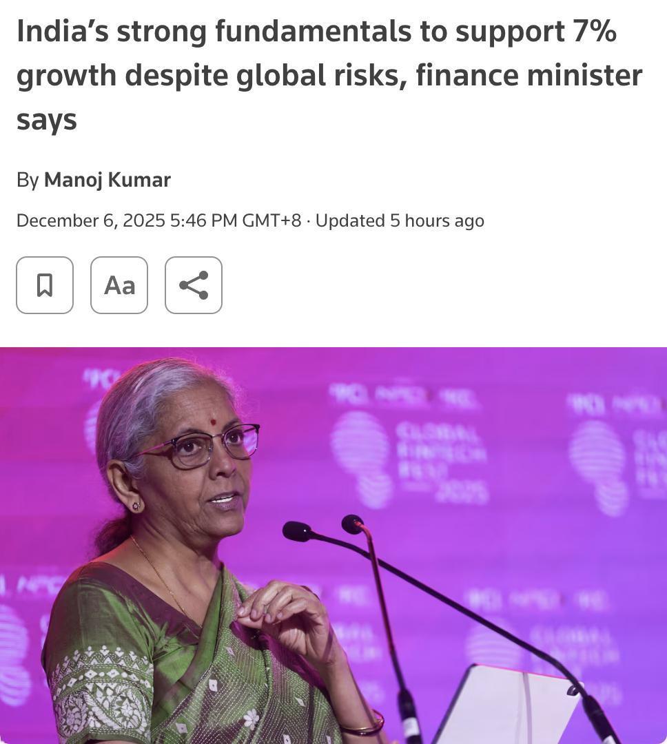 外媒：印度财政部长西塔拉曼表示，尽管面临全球不确定性，印度经济基本面依然强劲，预