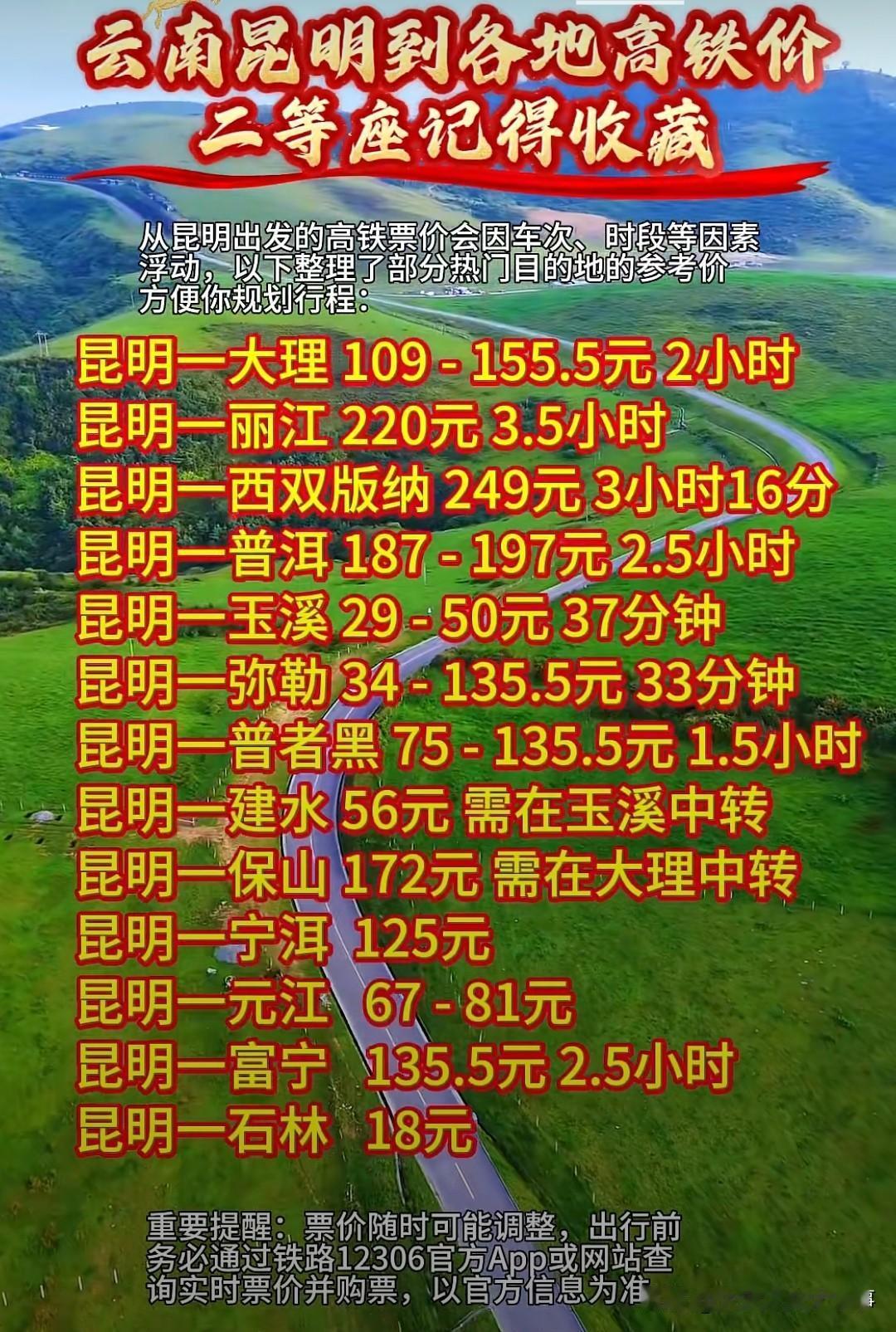 🚅昆明到省内各地的高铁票价，极具收藏价值！以昆明到大理为例，二等座票价通常在