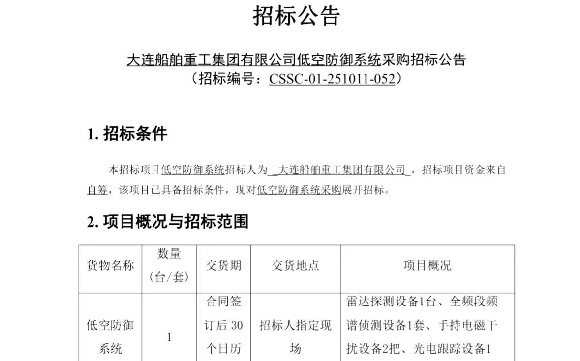 喔嚯……看你们谁还敢用无人机给004拍照，这不北方低空防御系统已经开始招标了，专