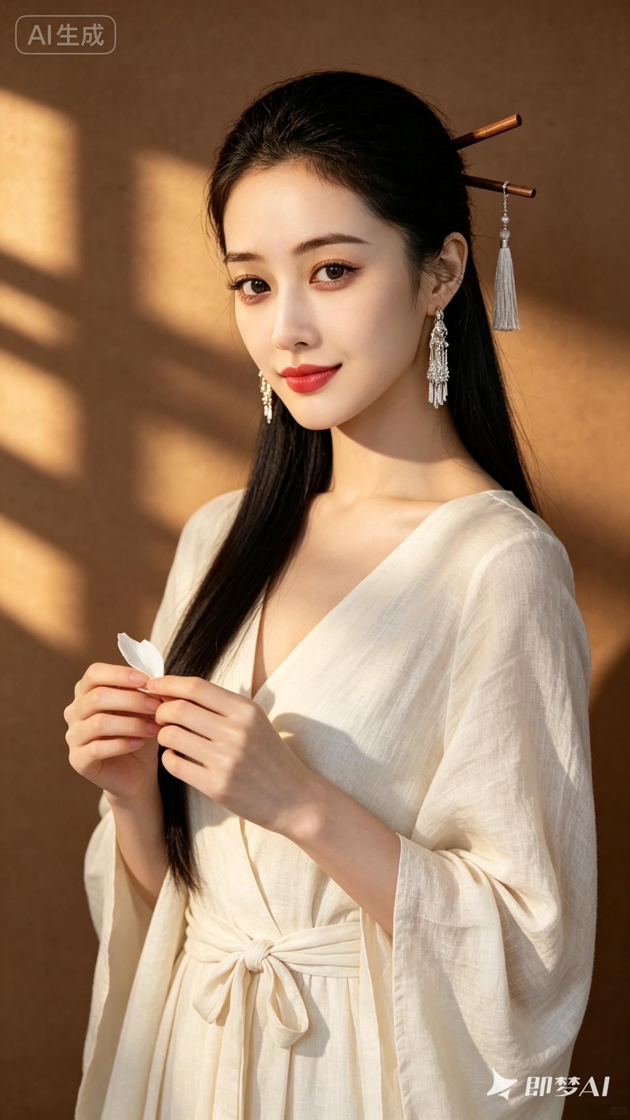 温柔古风美人，手持花瓣，韵味十足