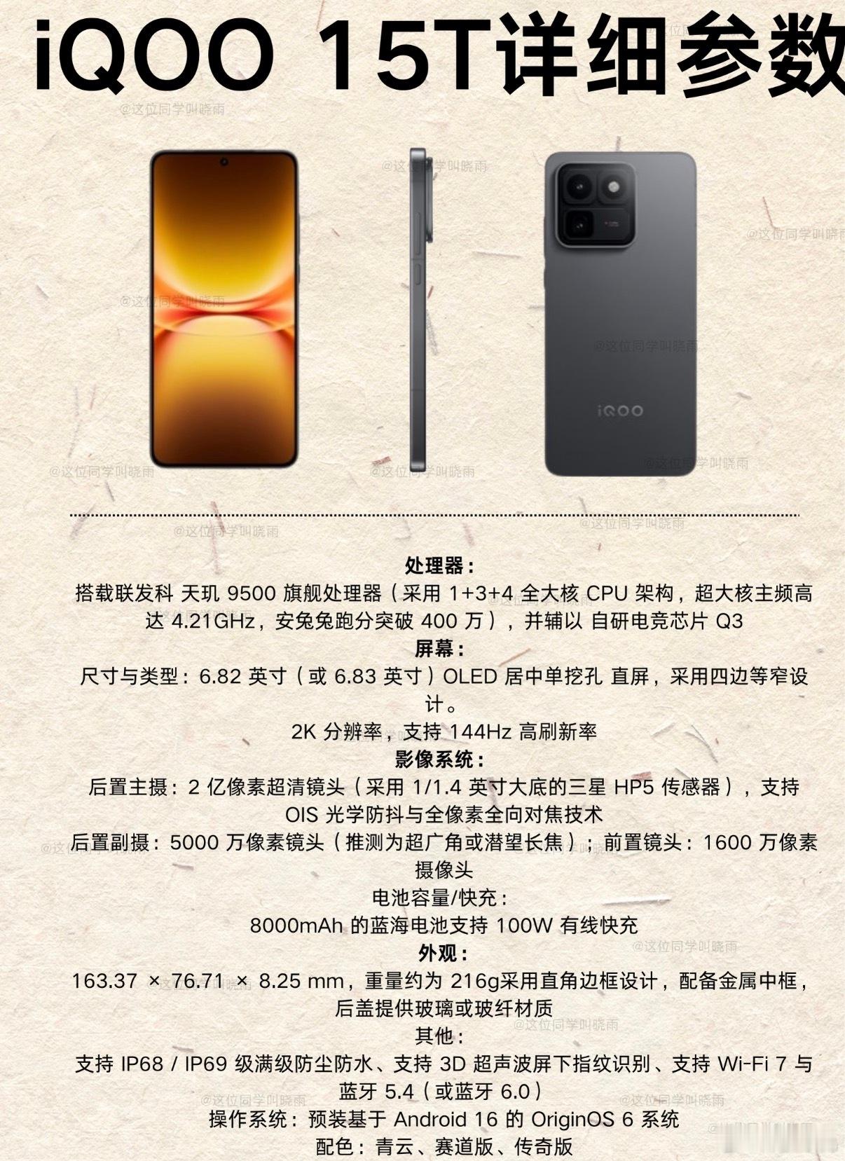 iQOO15T详细参数，网上数据，一切实际数据以官方为主，家人们，有在等它的吗