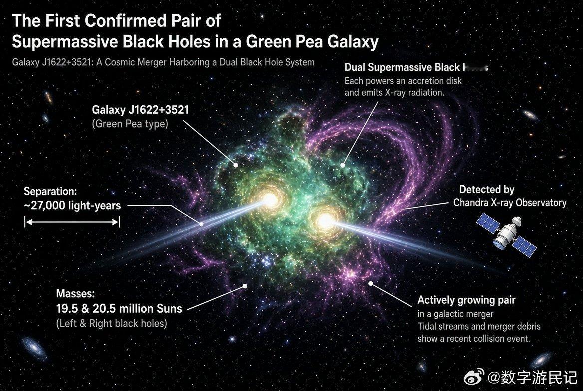 天文学家首次确认发现了一对在罕见的“绿豌豆”星系中正在增长的超大质量黑洞对——这