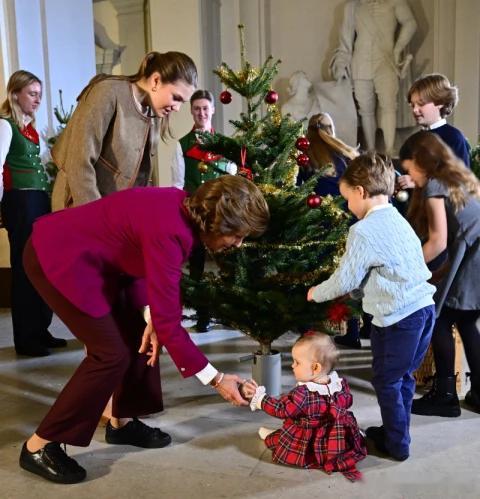 新闻2025.12.15瑞典王后西尔维娅和孙辈们出席一年一度的圣诞树接收仪式