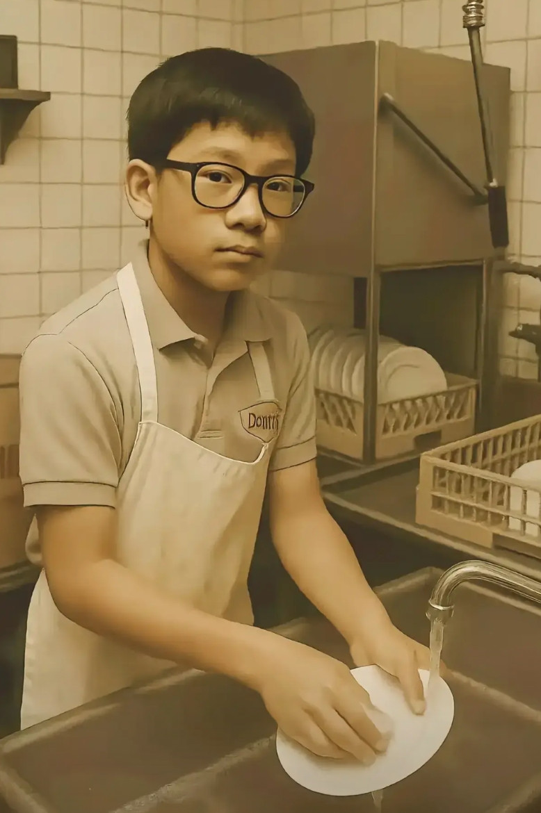 这是世界华裔首富黄仁勋刚到美国，在餐厅刷盘子时的情景。1972年，9岁的黄仁勋被