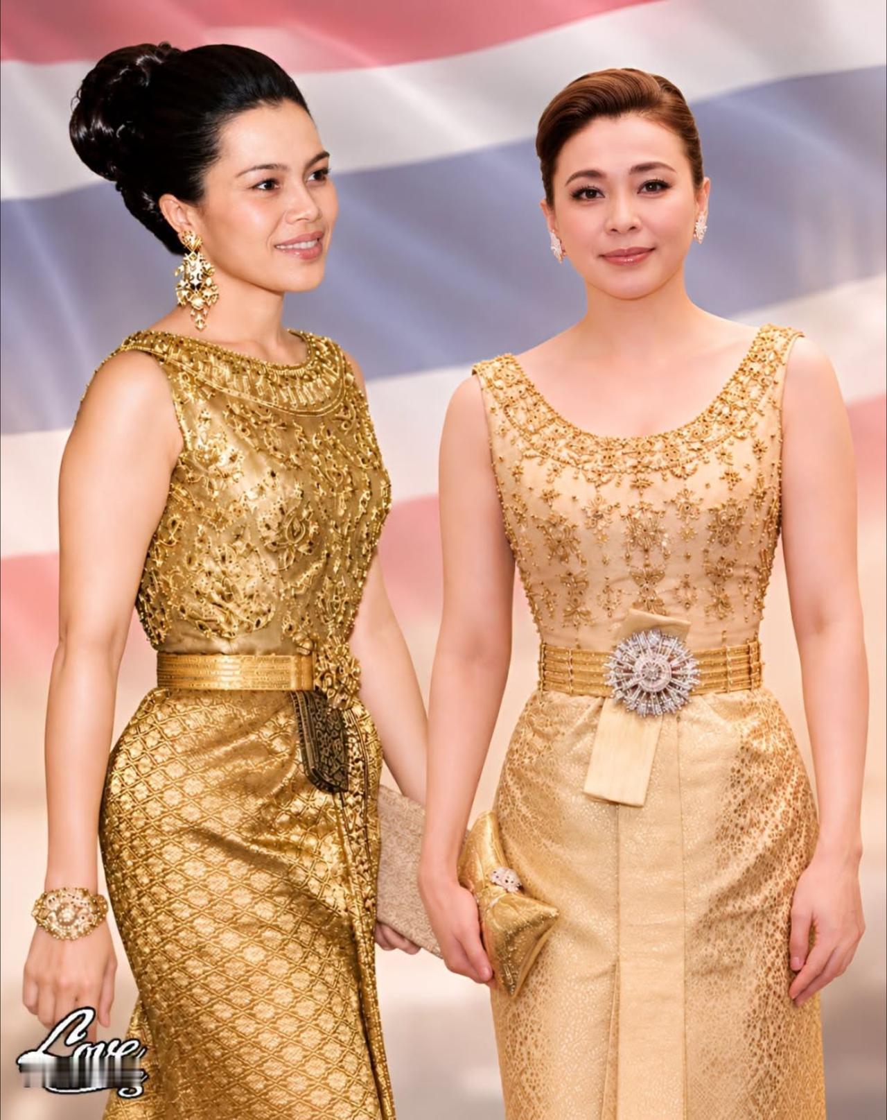 苏提达穿金色礼服，向诗丽吉太后致敬诗丽吉王后和苏提达王后都穿过金色都喜泰式礼服