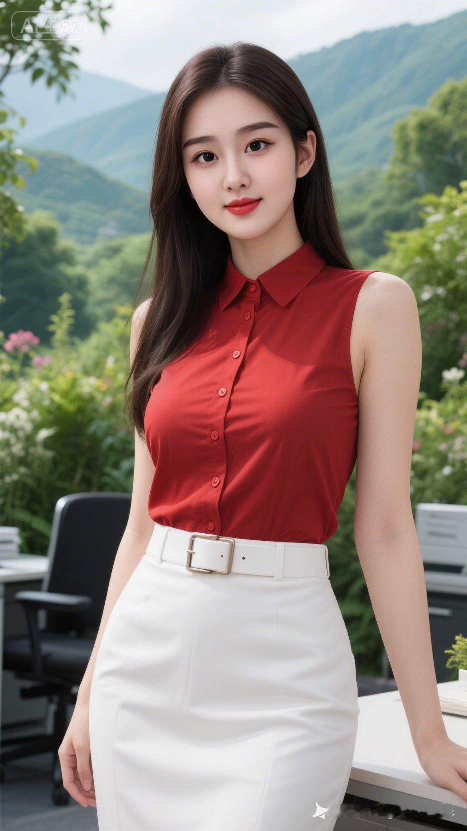 优雅红衣少女，绿意盎然背景，清新自然气息。