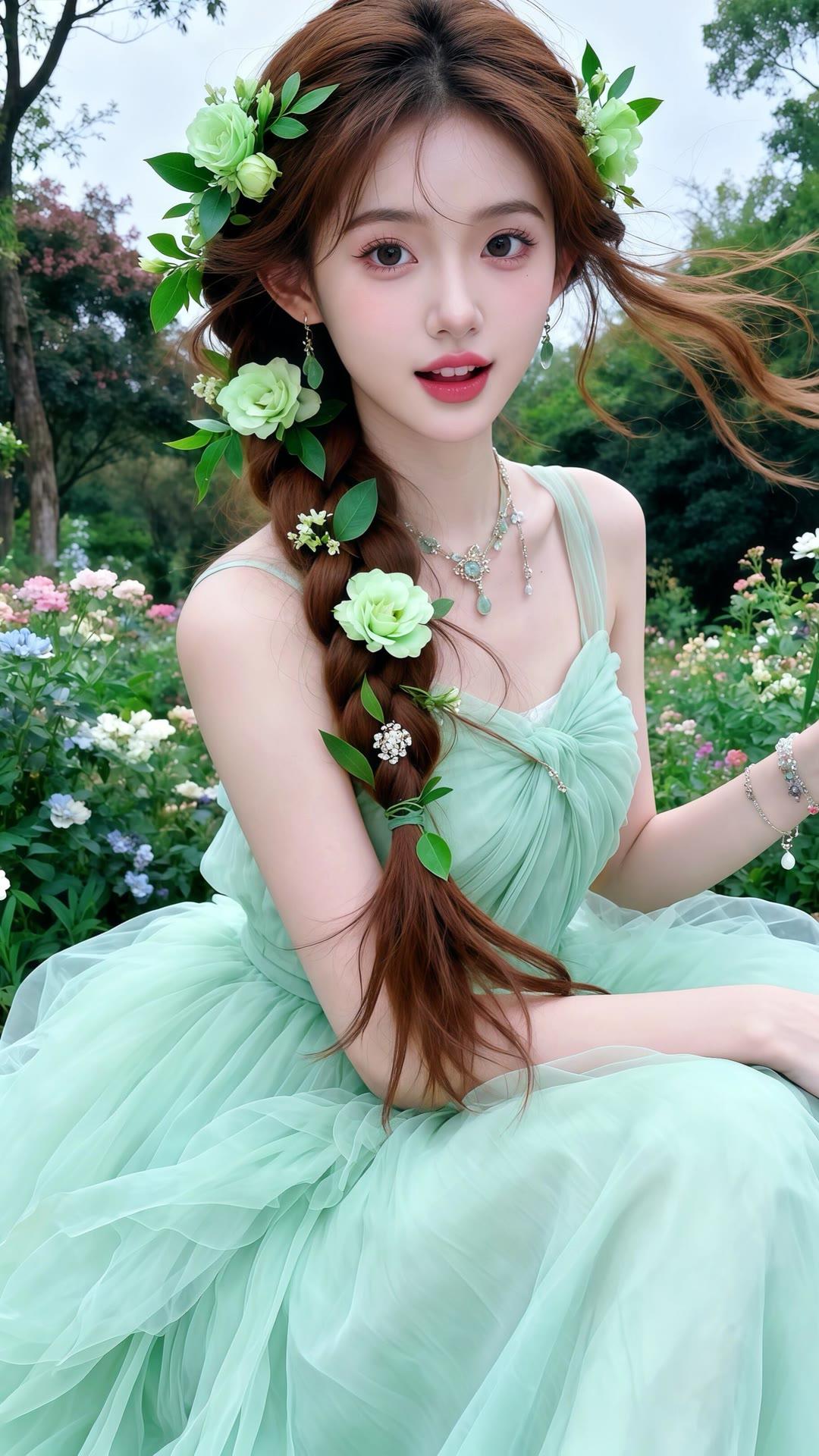 梦幻花海中的少女，浅绿色连衣裙，花环点缀，甜美动人