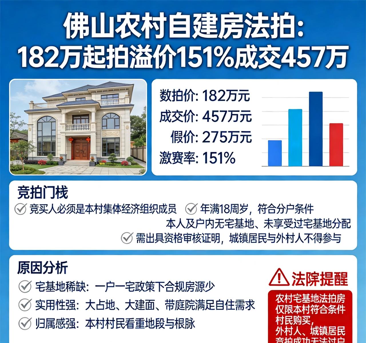 限本村人买！佛山农村自建房182万起拍，溢价151%拍出457万高价。仅限本村