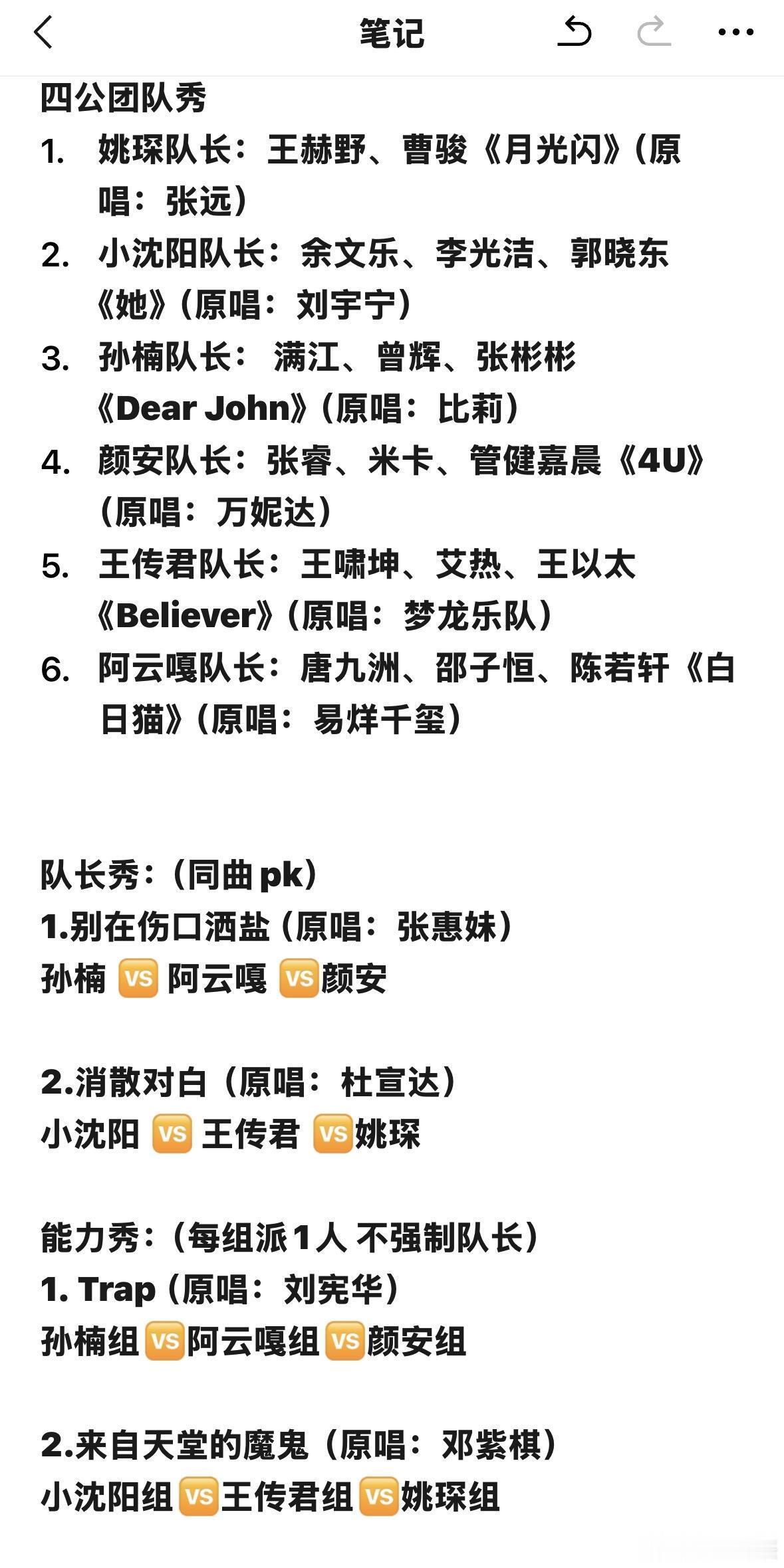 披荆斩棘6·四公歌单（团秀/x秀/队长秀）四公团队秀1.姚琛队长：王赫野、曹骏