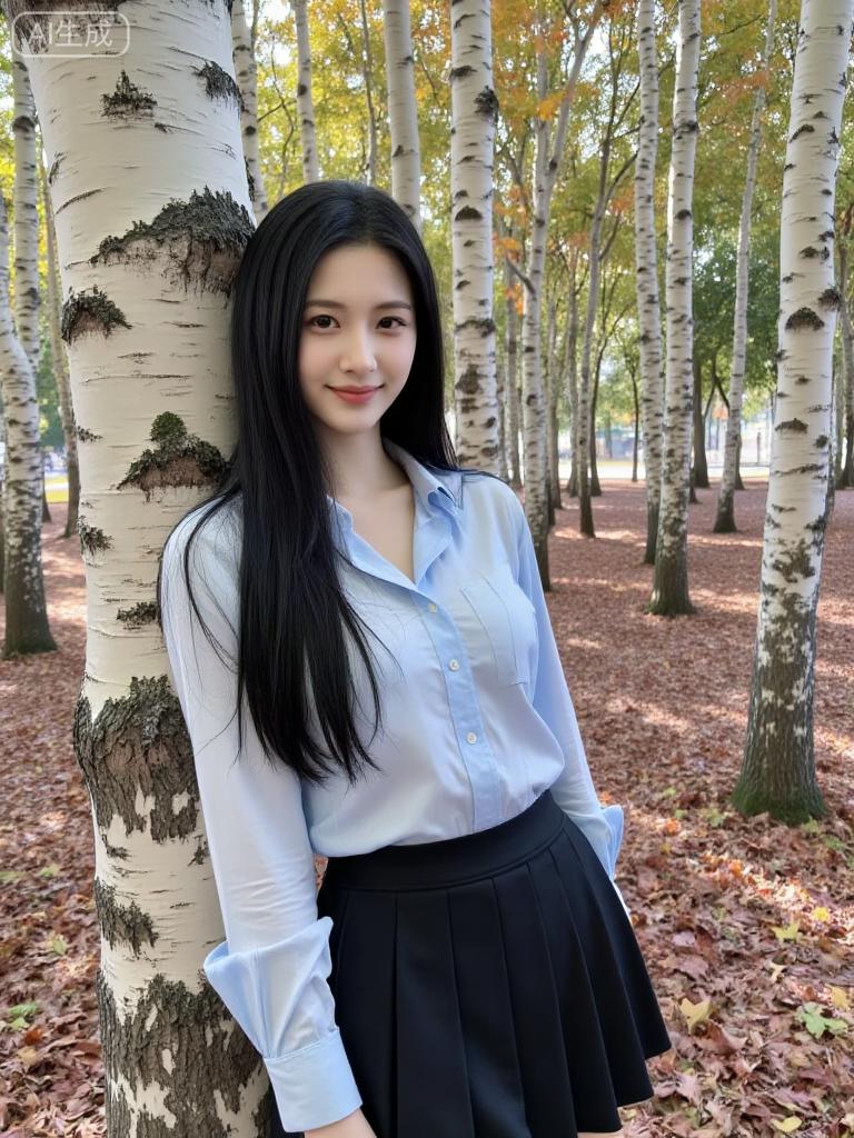 白桦林间的浅蓝甜妹好温柔浅蓝衬衫搭黑裙，袖口随意卷起，清爽里裹着秋日的松弛
