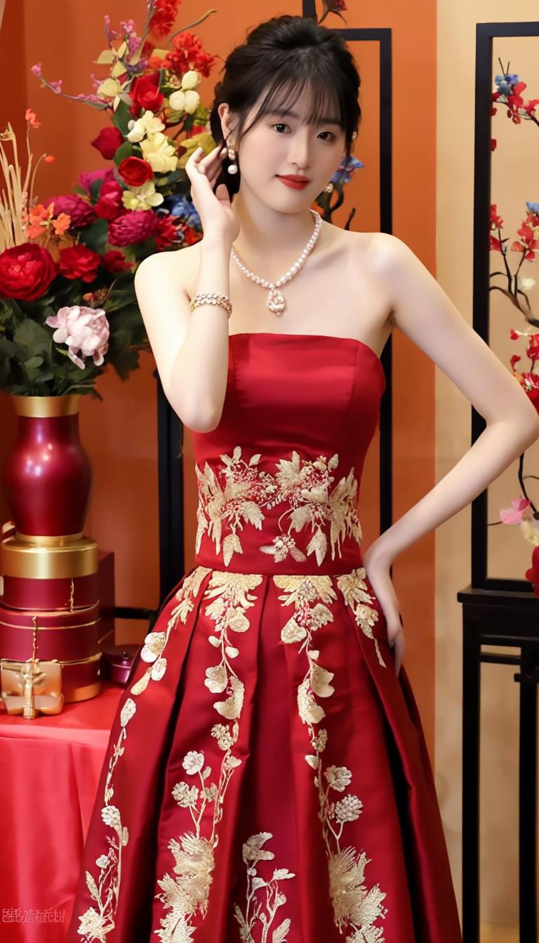 优雅红裙，花团锦簇，闪耀珠宝，尽显东方韵味！🌸💎