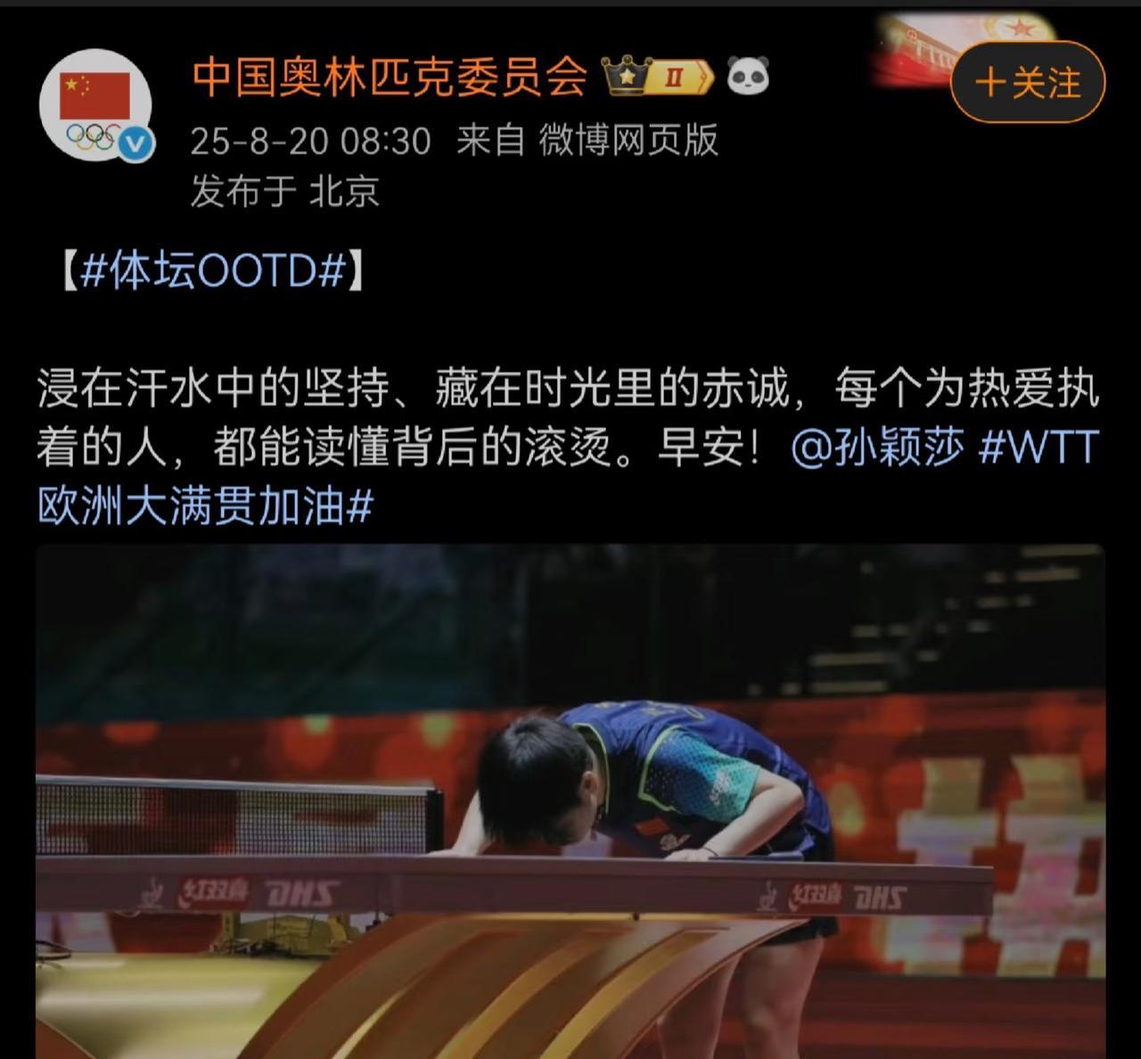 中国奥林匹克委员会鼓励孙颖莎：浸在汗水中的坚持藏在时光里的赤诚每个为热爱执