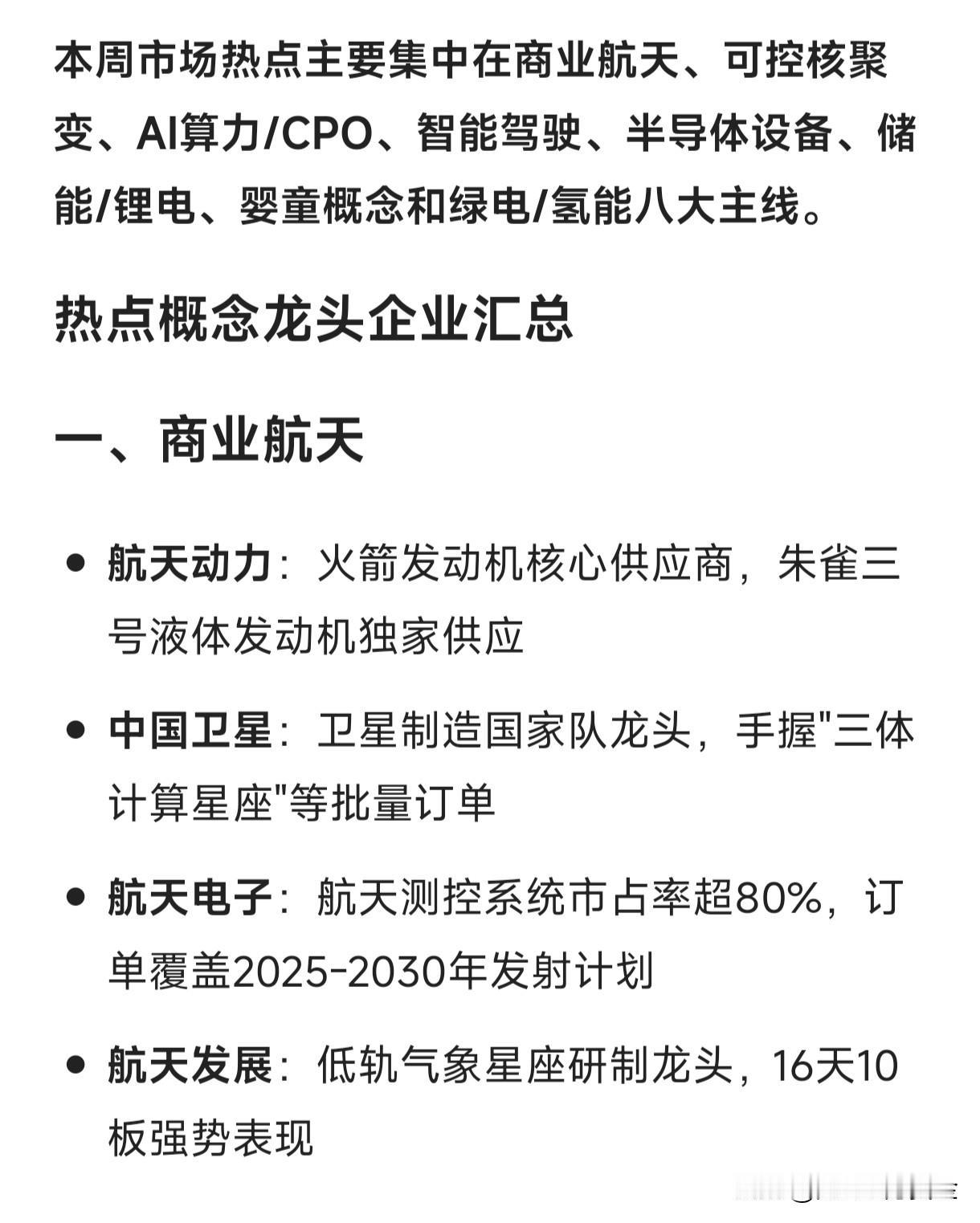 本周市场热点主要集中在商业航天、可控核聚变、AI算力/CPO、智能驾驶、半导体设