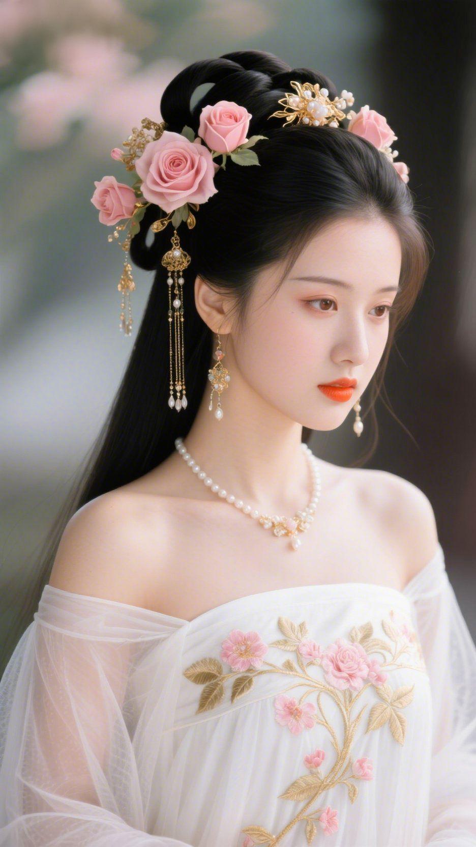 素衣缀花柔软纱轻覆的素白裙身，绣枝上的粉瓣沾着柔润的色泽，随衣摆轻垂成温缓