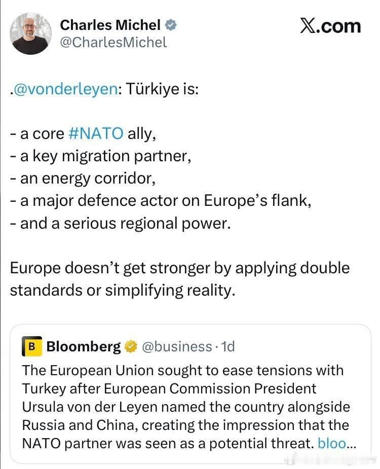 前欧洲理事会主席米歇尔就冯德莱恩将土耳其与中俄并列作出了回应：他提醒冯德莱恩，土