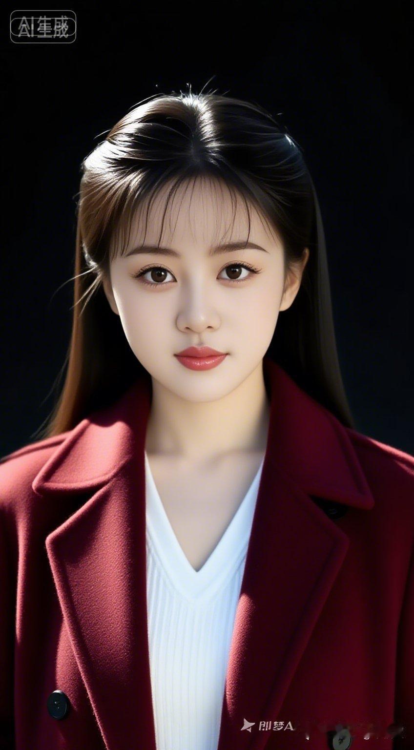 亚洲绝色佳人，长直发搭酒红大衣+纯白紧身V领上衣，皮肤紧致细腻，眼面细节逼真，柔