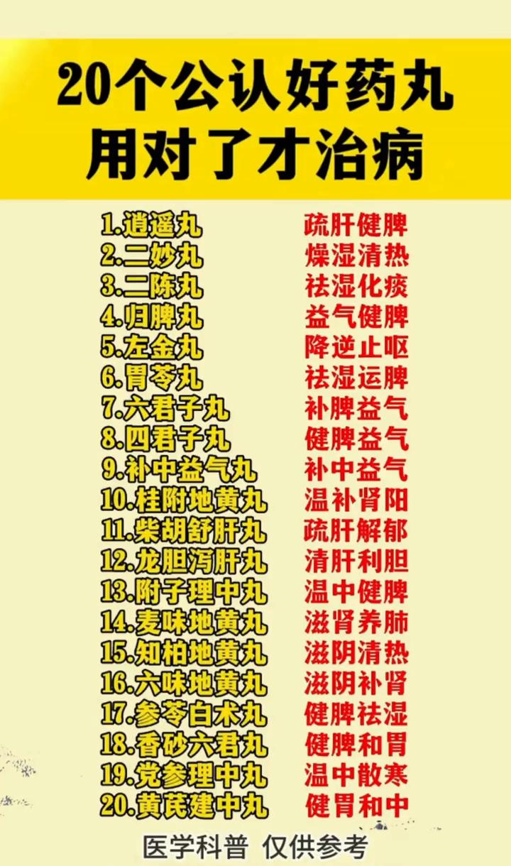 20个公认好药丸，用对了才治病。·1.逍遥丸：疏肝健脾。·2.二妙丸：燥湿清