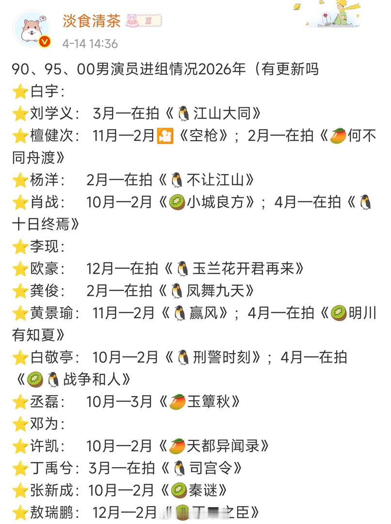 90生、95生、00生2025年进组情况🈶90、95、00男演员进组情况202