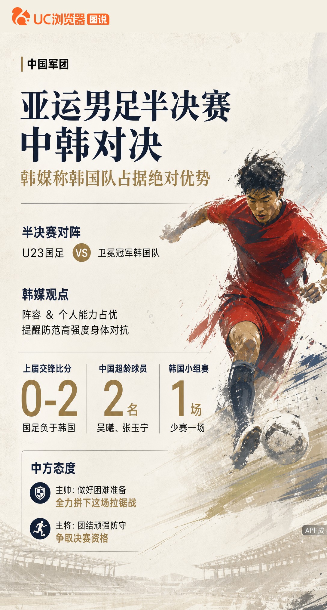 U23国足亚运半决赛再战卫冕冠军韩国，韩媒称实力心理双占优。虽有吴曦、张玉宁压阵，但上届0-2输球的