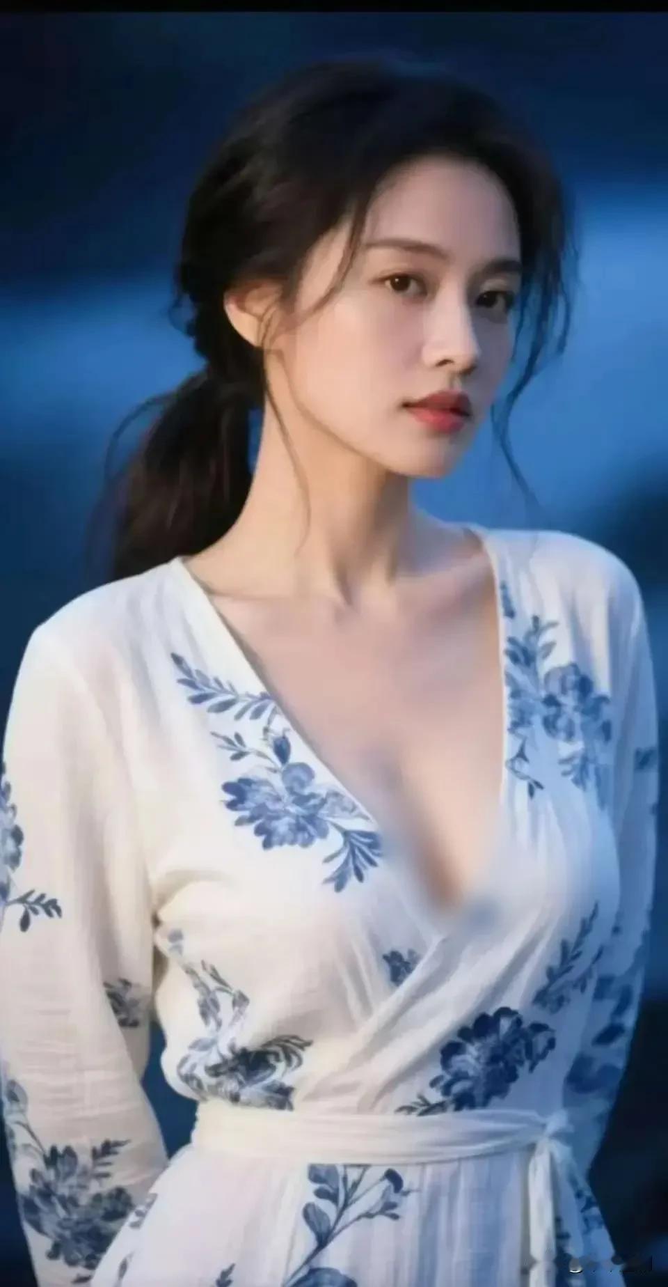 青花缠枝白裙揉着中式水墨韵味，低马尾的碎发添了慵懒，冷调蓝背景衬出眉眼间的清冷温