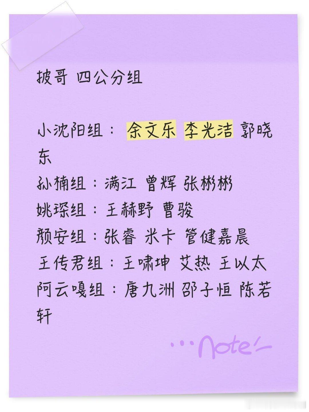 披哥四公分组情况更新完毕✅小沈阳组：余文乐李光洁郭晓东孙楠组：满江曾辉