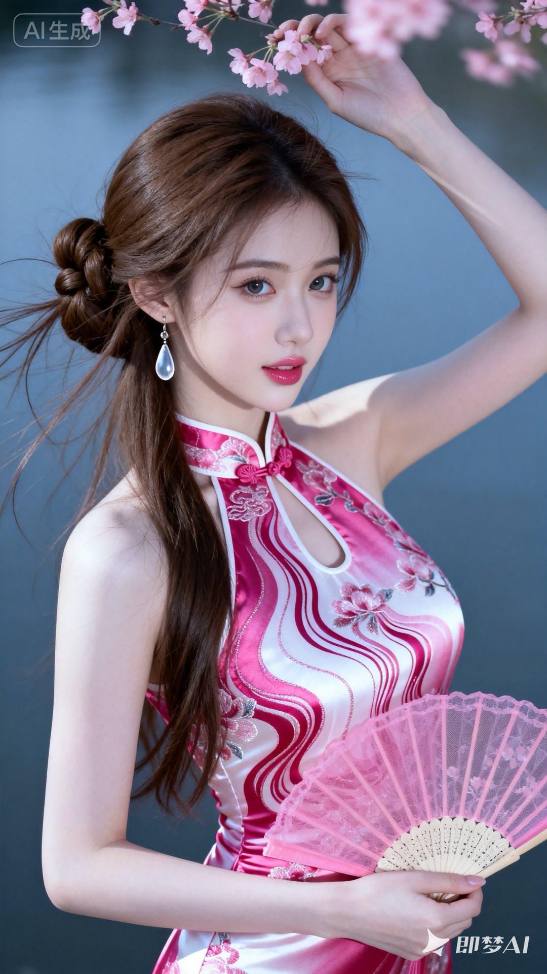 优雅旗袍美人，手持粉色团扇，尽显东方古典美！🌸💃