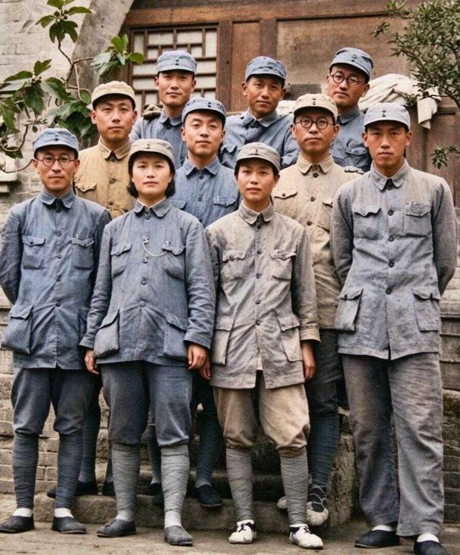 延安干部十人，1937年10月，延安凤凰山窑洞前留影