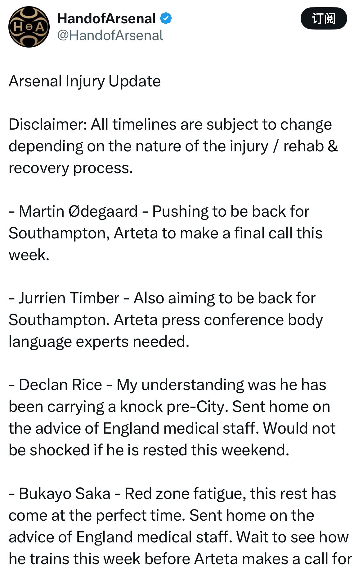 HandofArsenal：阿森纳全队伤情更新。免责声明：具体的复出时间线可能因