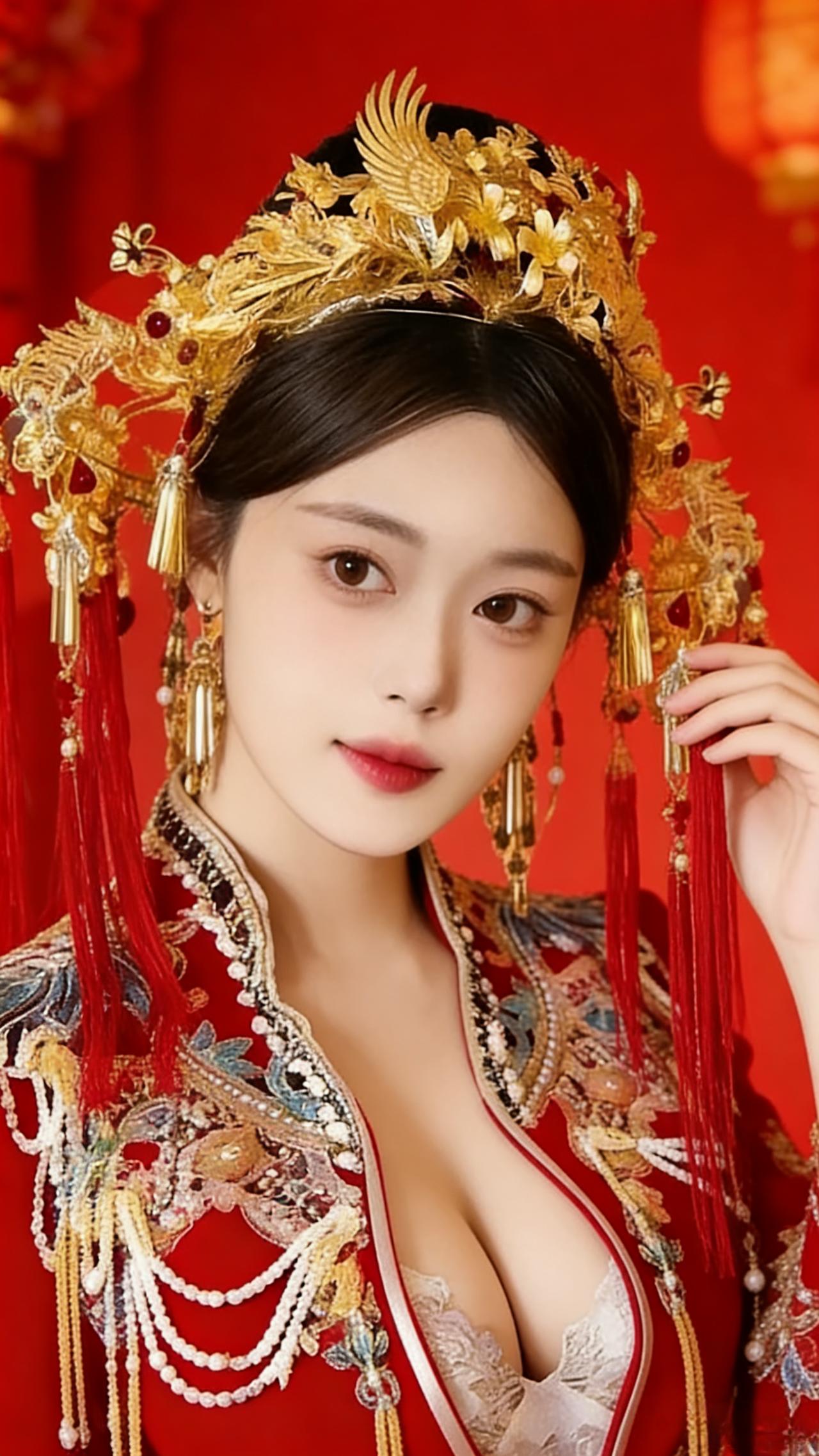 金钗玉簪衬红妆，美人似画入诗章。这也太绝美了吧欣赏美女能否延年益寿?红衣凤冠美