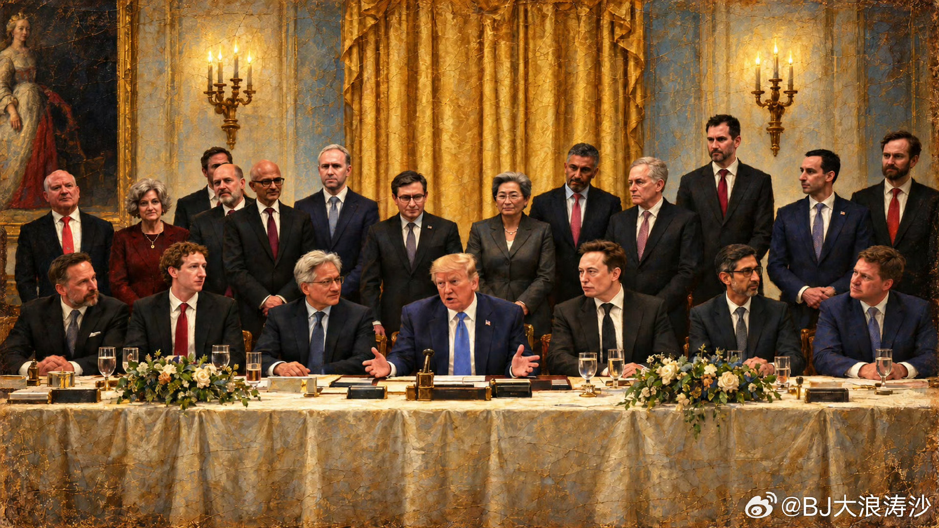 当科技巨头，被画进古典宫廷油画里。长桌之上：马斯克、黄仁勋、扎克伯格齐聚一堂一场AI安全的圆桌，也是