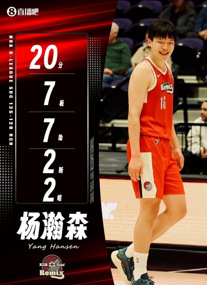 组织型中锋！小杨轻取20分7板7助攻2抢断2盖帽杨瀚森在发展联盟比赛中得到2