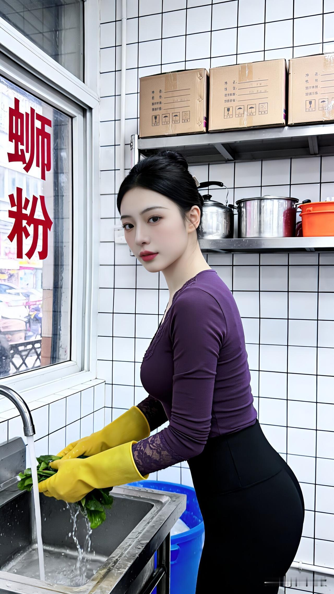 这位螺蛳粉老板娘可真不简单！她穿着紫色长袖，戴着黄色橡胶手套，正专注地清洗青菜。