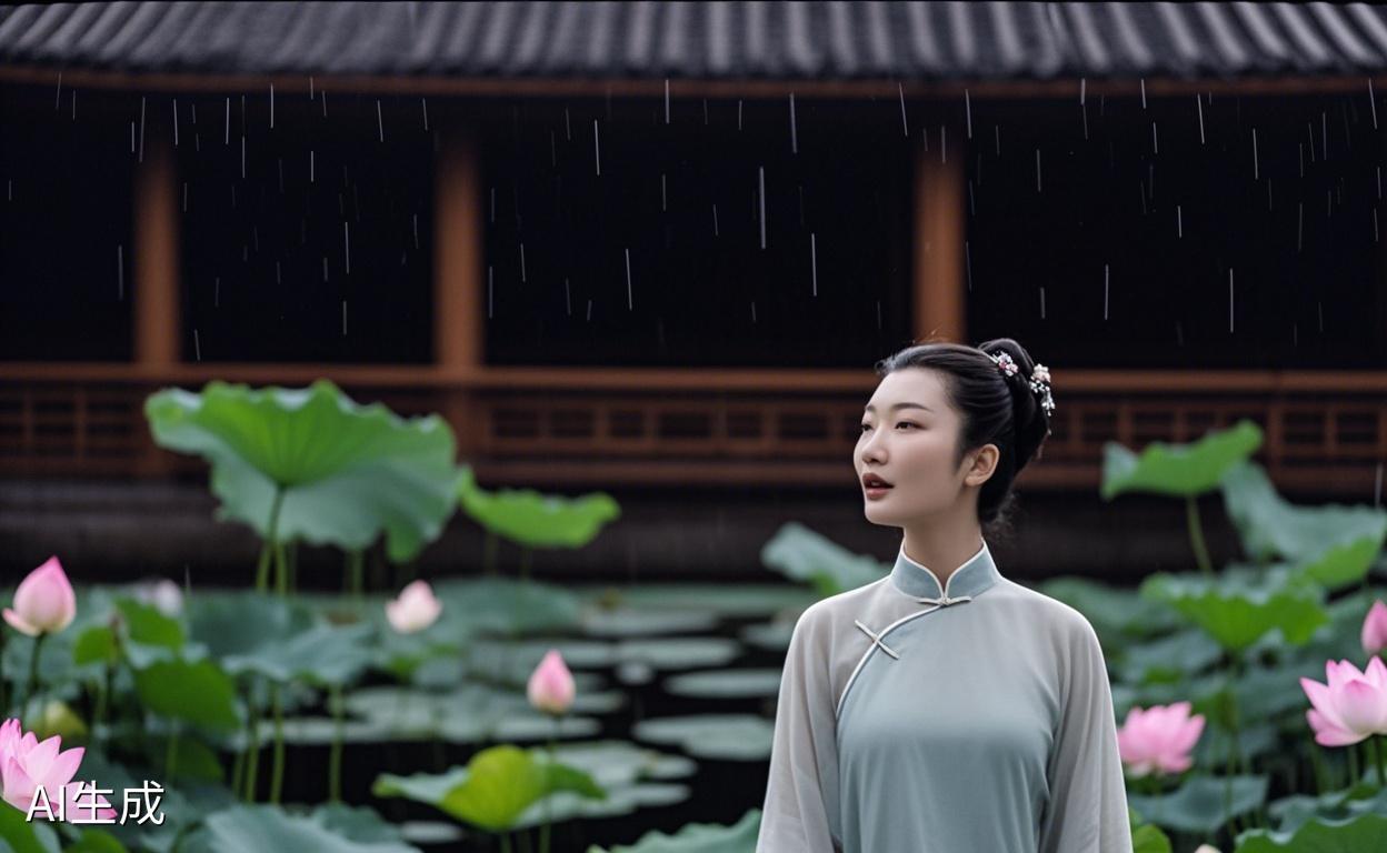 AI写真辑雨中荷花别样红，池畔青衣愈显浓，水墨意境今又是，人与风景相映融。