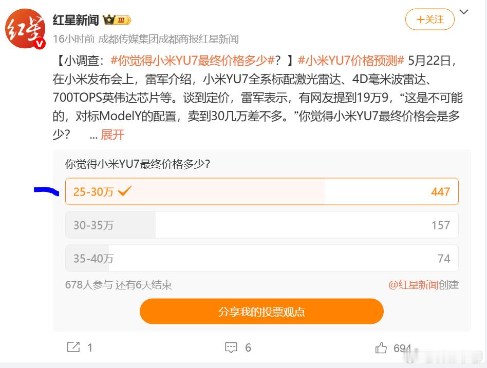 小米YU77月份发布售价并交付。我觉得最可能的售价是23.99万到31.99万