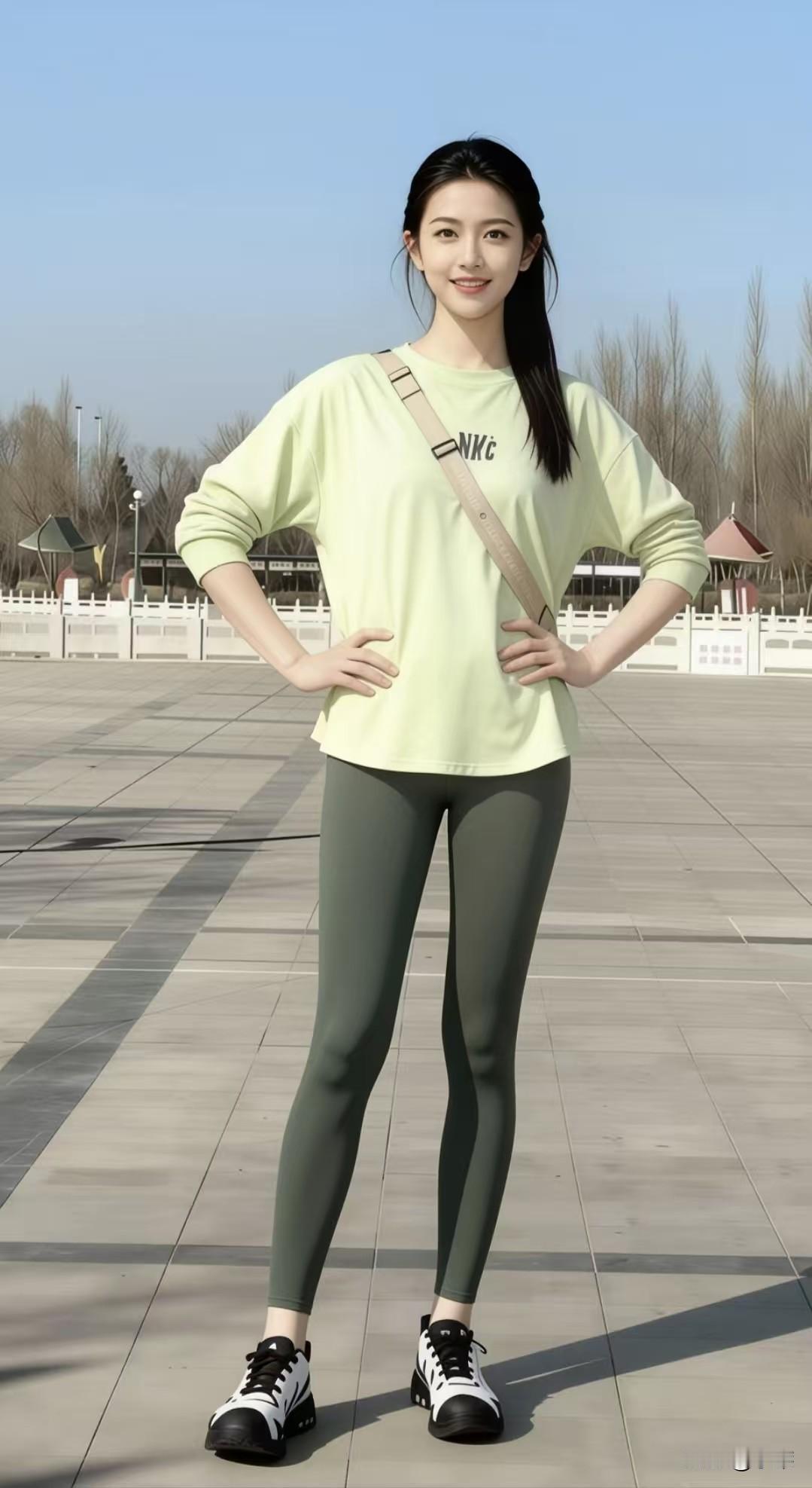 🌞春日街头的清爽元气感街拍浅绿卫衣裹着松弛的暖意，橄榄绿legging