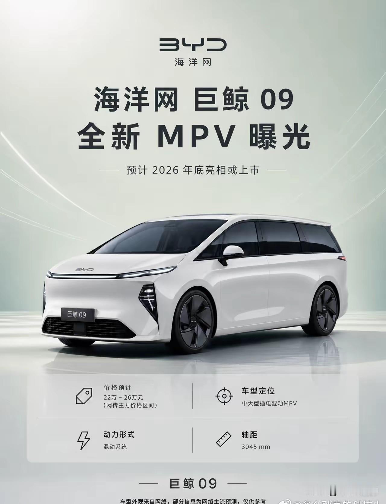 比亚迪海洋网巨鲸09MPV曝光，预计2026年底上市。网传主力售价22-26万