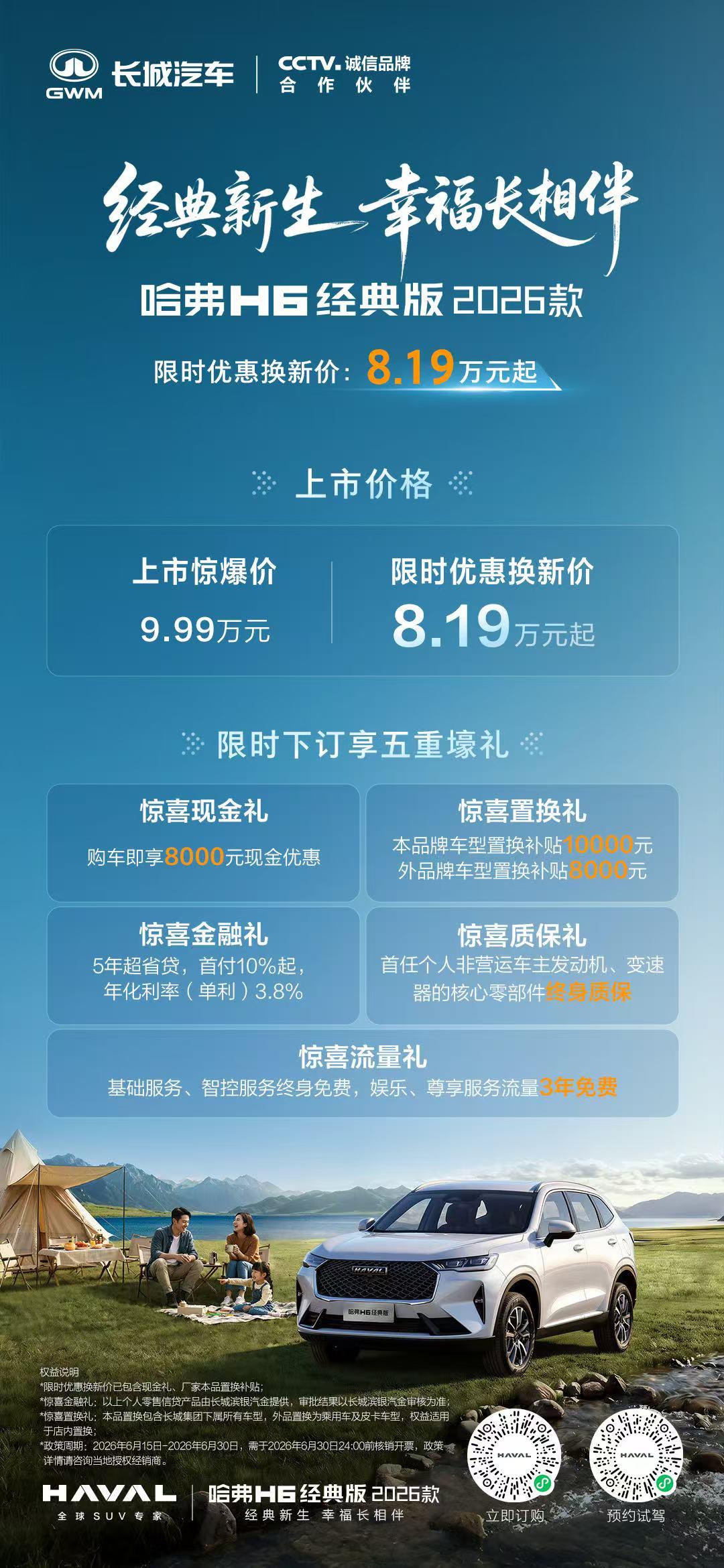 6月15日，哈弗H6经典版2026款与哈弗H6L正式上市，定位