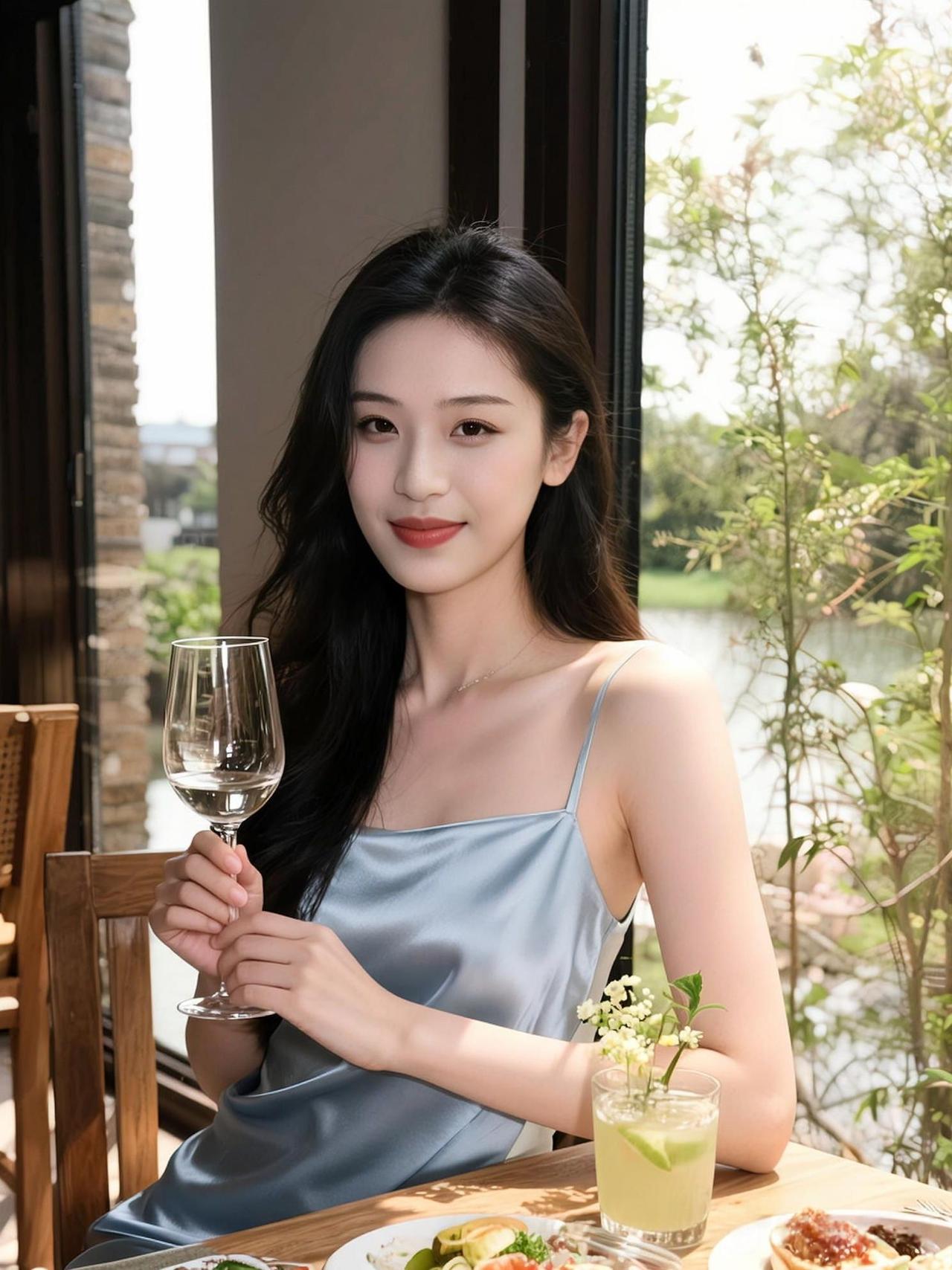 她握着杯沿的弧度像揉碎了一汪浅蓝的湖青丝垂落时风都放慢了脚步唇间的红是未