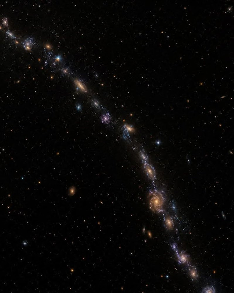 借助韦伯望远镜强大的观测能力，天文学家在早期宇宙中发现了一处宇宙藤蔓，这道宇宙链