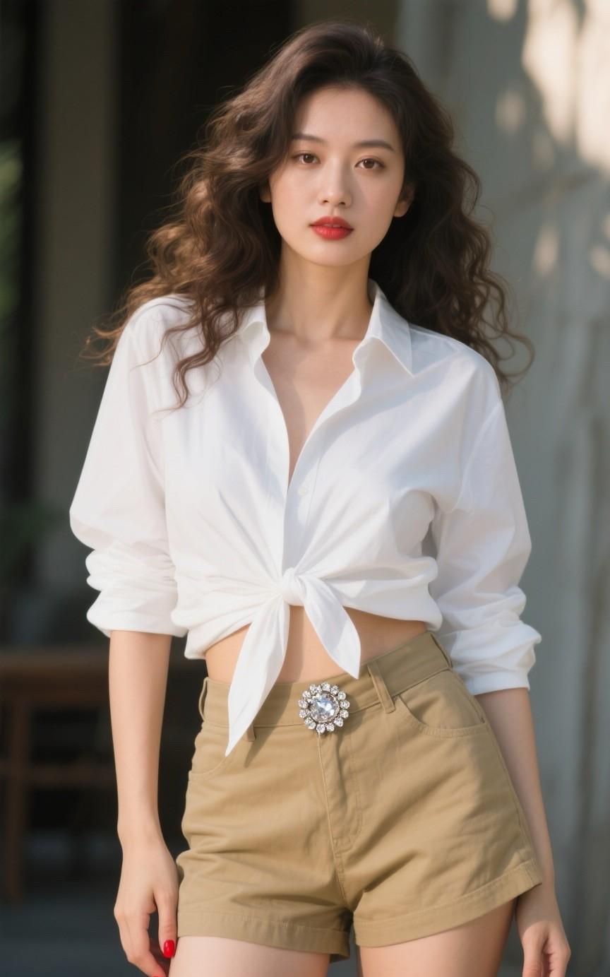 长发微卷，红甲亮眼，把松弛与魅惑揉在一起～#系带衬衫套装##白色系带衬衫#