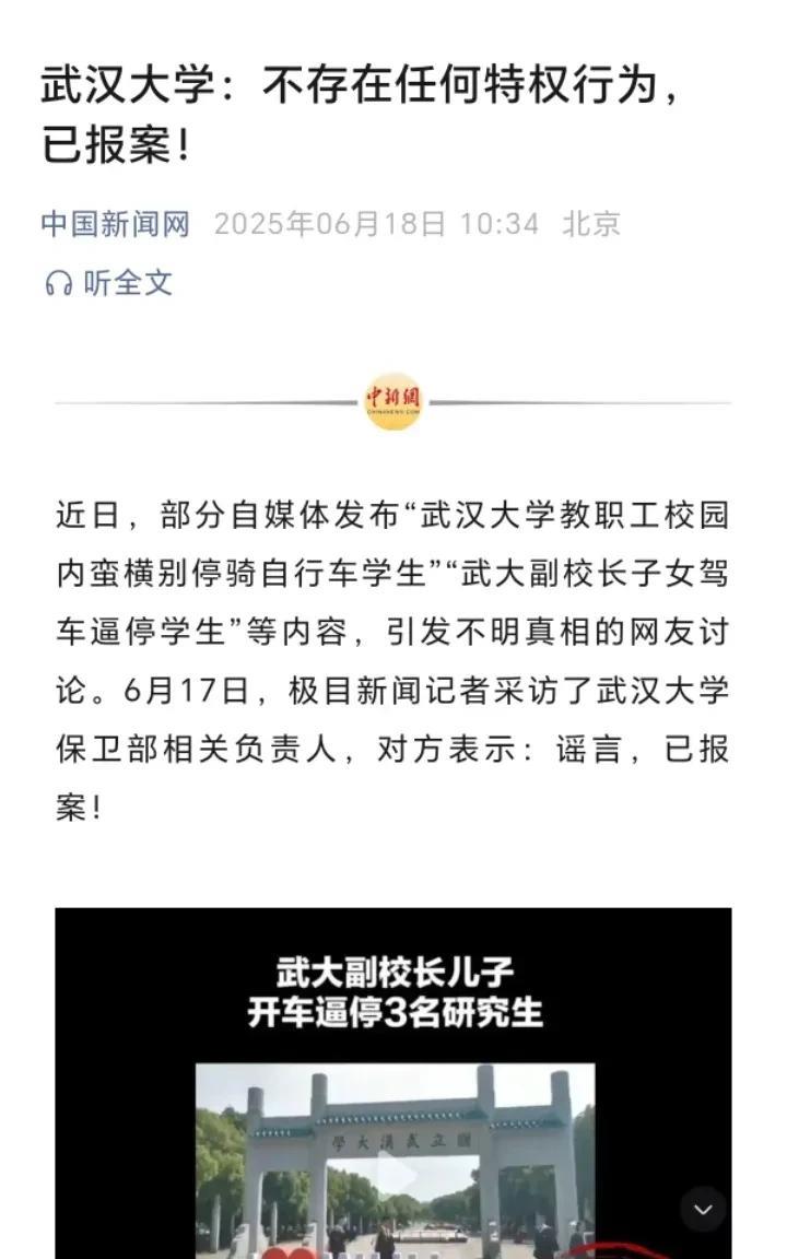 2名学生被学校职工子女逼停后续，武汉大学保卫部相关负责人表示，辛某是校外人员，其