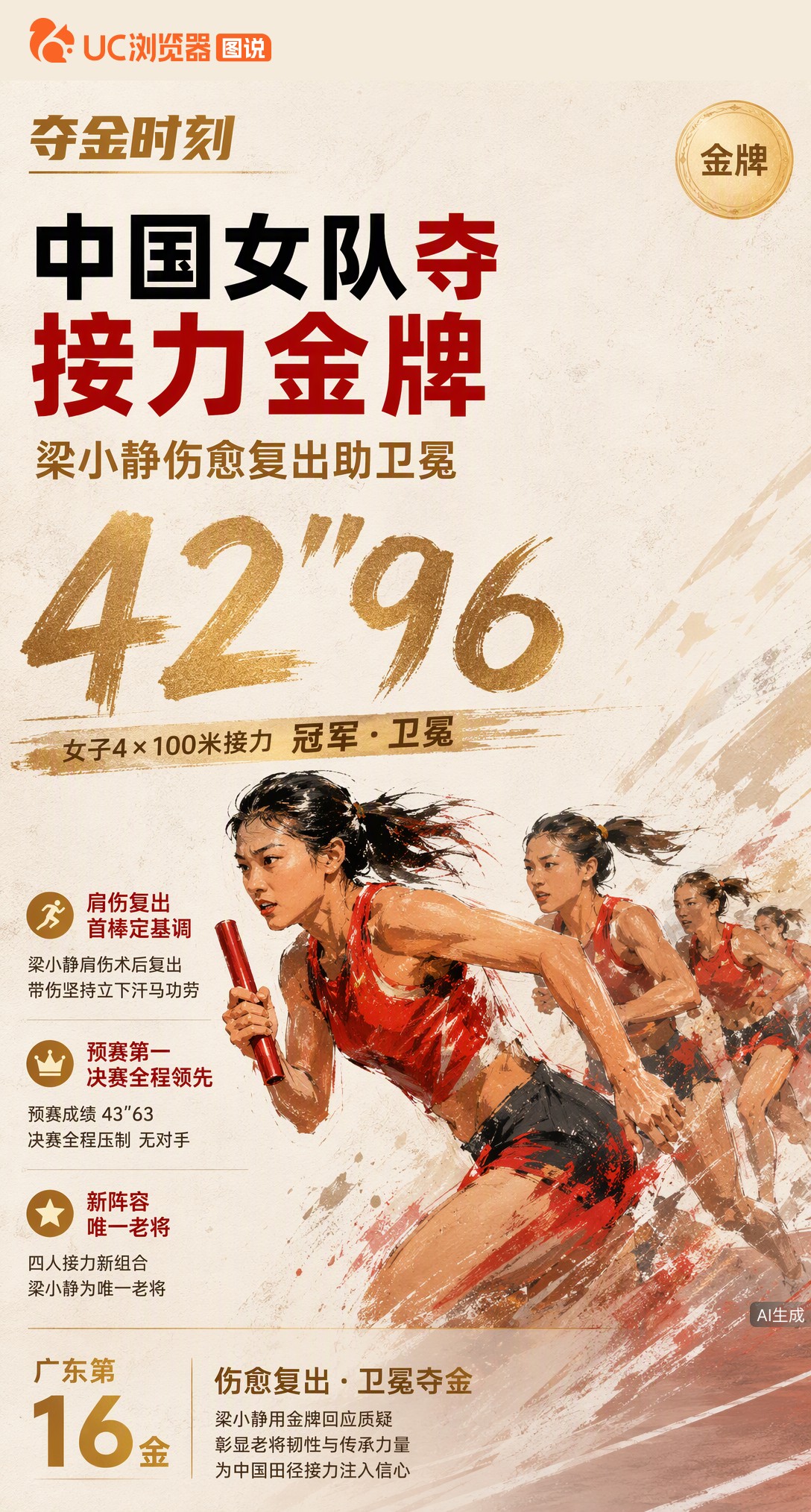 42秒96卫冕！中国女队4×100米接力夺冠，肩伤术后复出的梁小静跑首棒全程领先。这枚金牌，是她对状