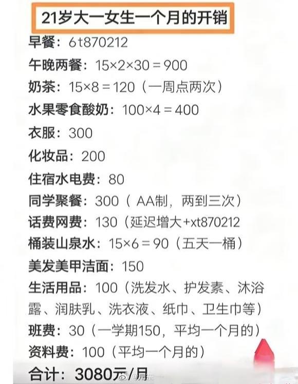 女大学生一个月生活花费3000元，看细项，好像也没有太夸张的花费。但是3000的