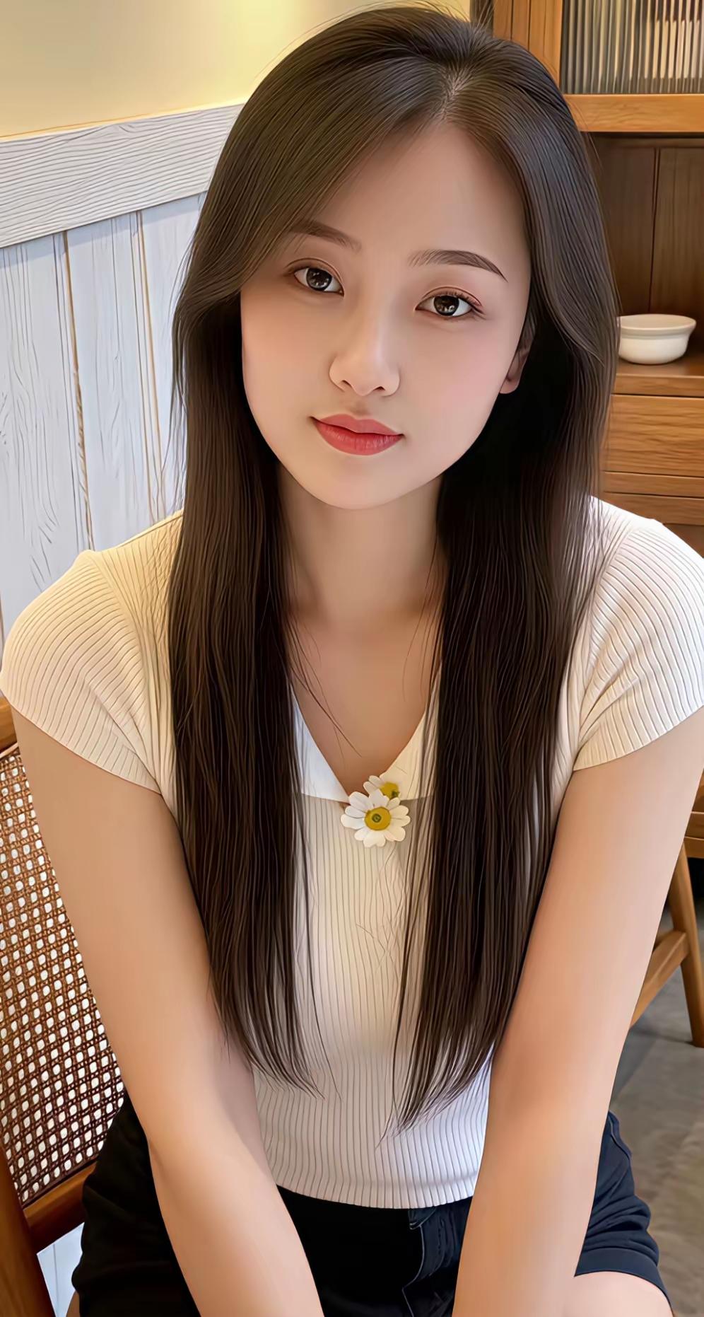 温柔甜美的少女，白色上衣搭配黑色短裤，清新自然。