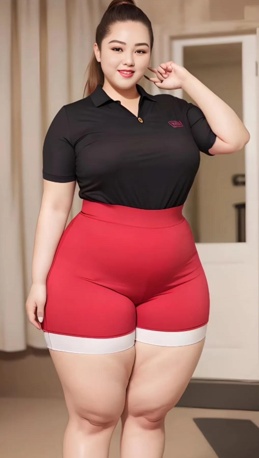 肉肉女孩肉肉女孩笑开颜，黑衣红裤俏婵娟。体态丰腴添韵致，自信光芒映世间。
