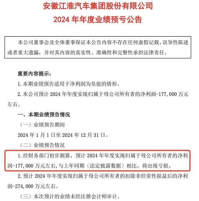 巨亏17.7亿! 江淮汽车, “翻身梦”碎