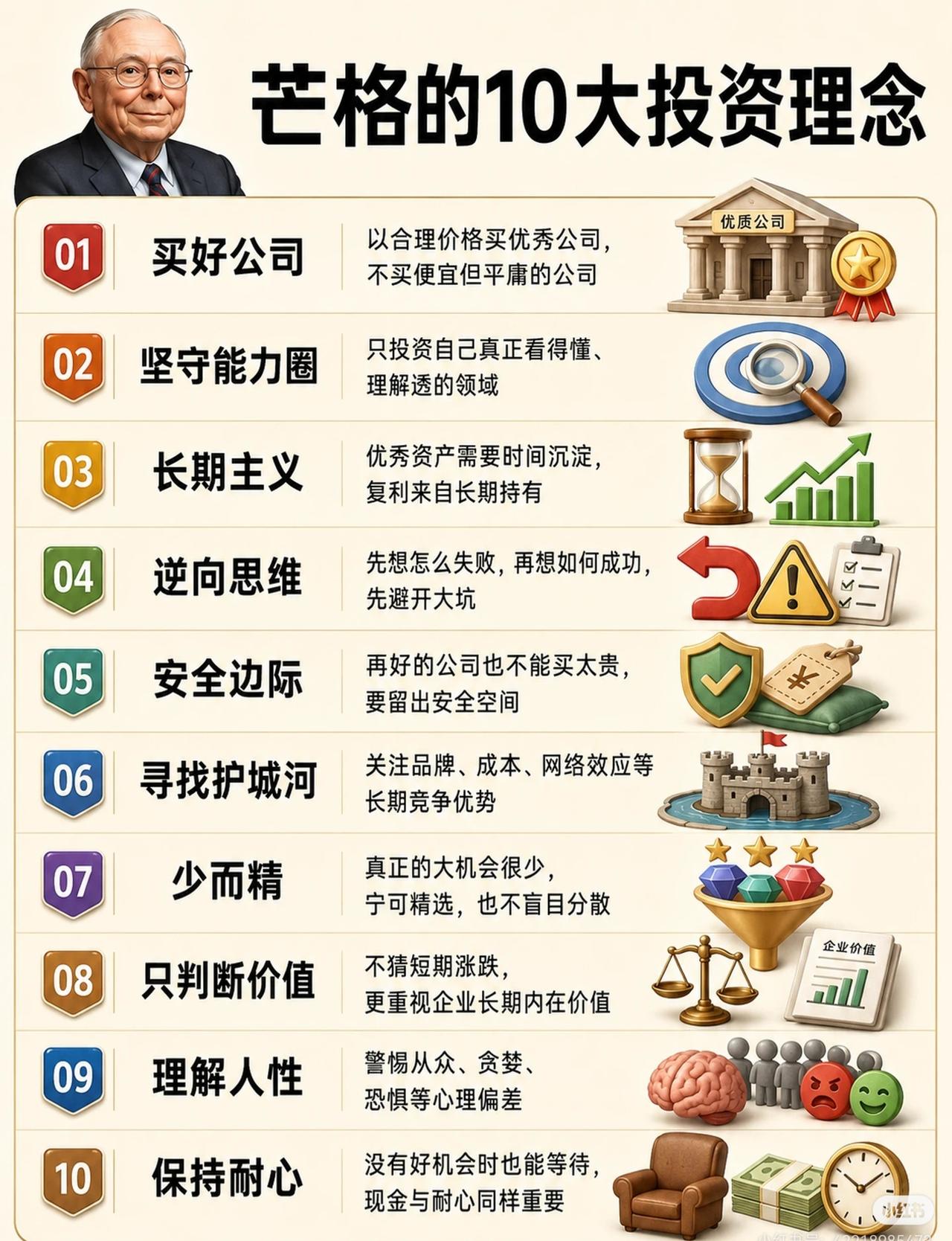 查理·芒格（CharlieMunger）的智慧结晶——十大投资理念，凝练如下：