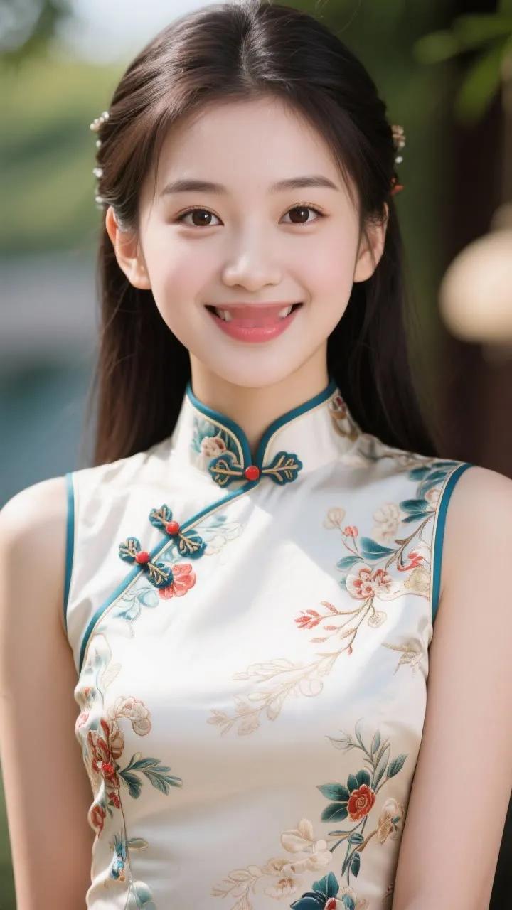 甜美笑容，旗袍飘逸，古典韵味，优雅动人。